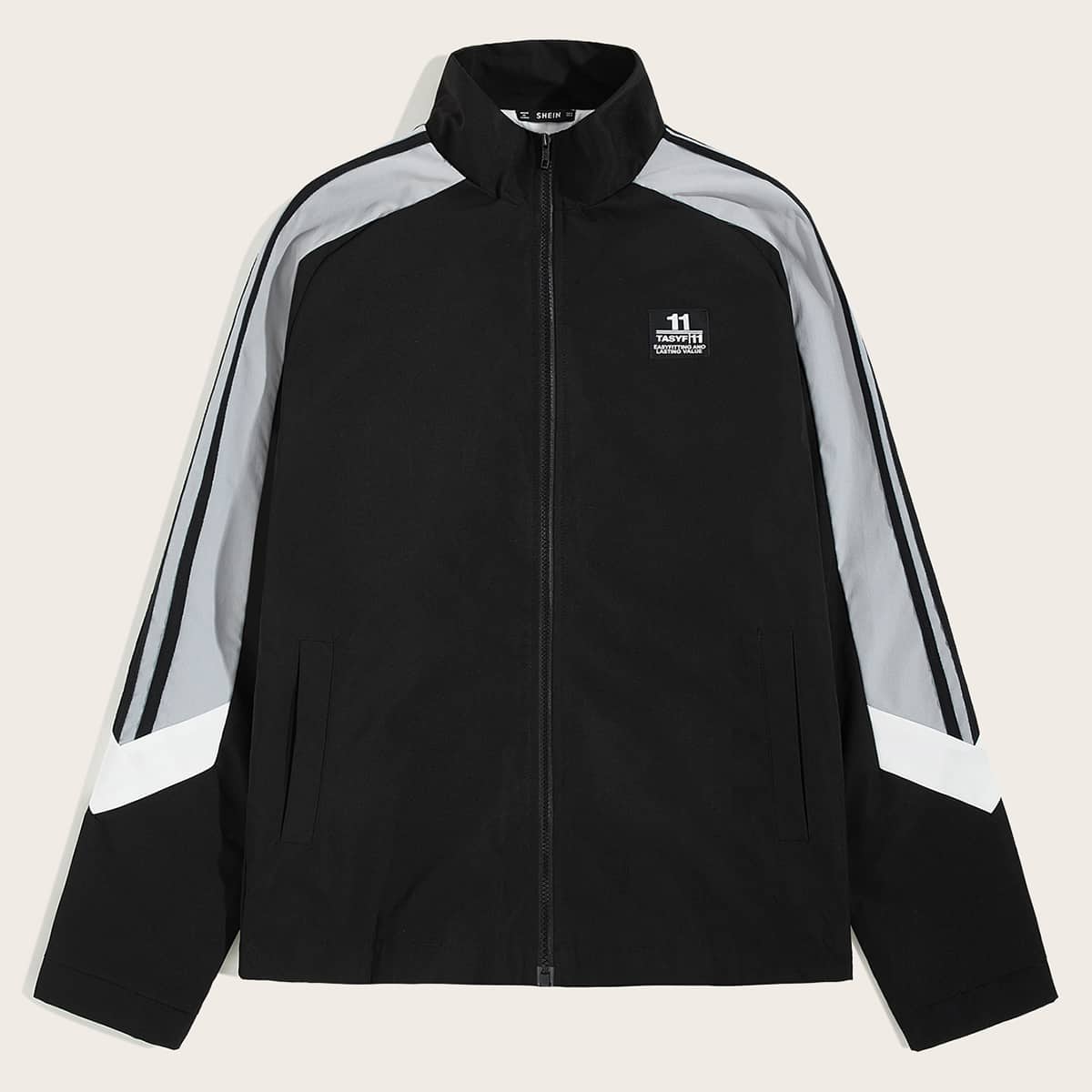 

Guys Striped Colorblock Raglan Sleeve Patched Detail Jacket, Black