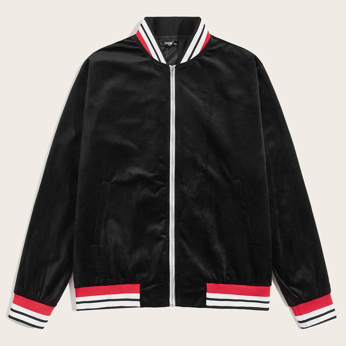 

Guys Striped Trim Zip Up Velvet Baseball Jacket, Black