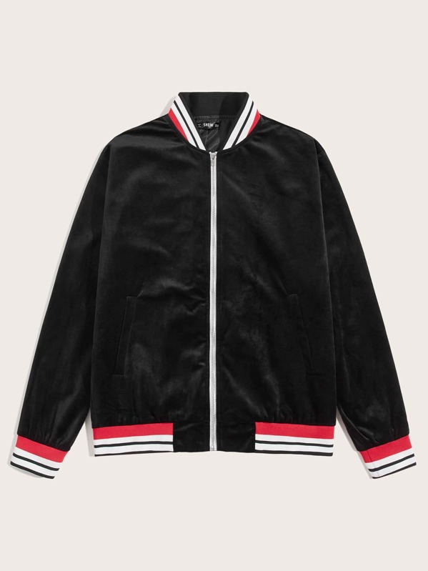 

Men Striped Trim Zip Up Velvet Baseball Jacket, Black