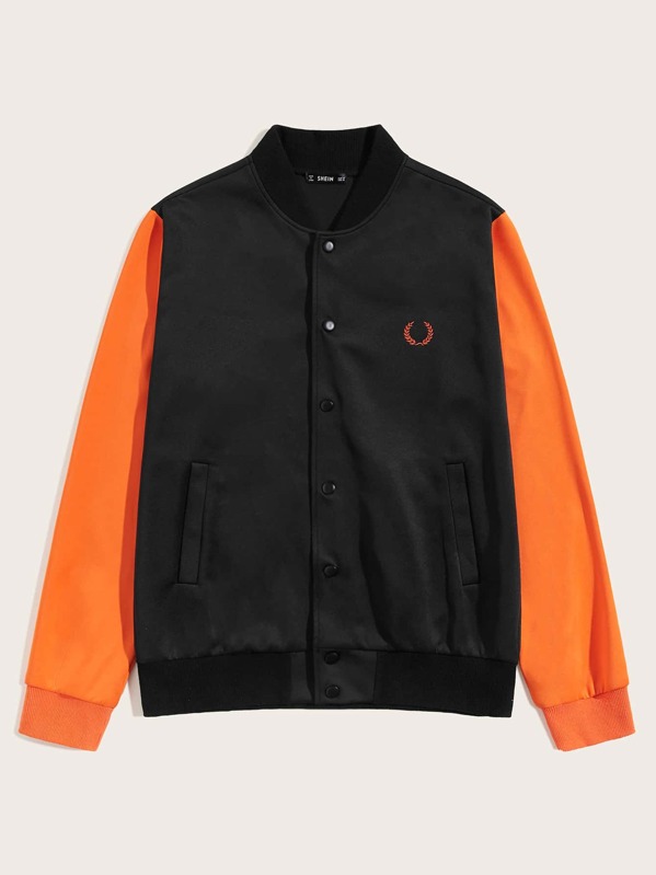 

Men Contrast Sleeve Embroidered Bomber Jacket, Black