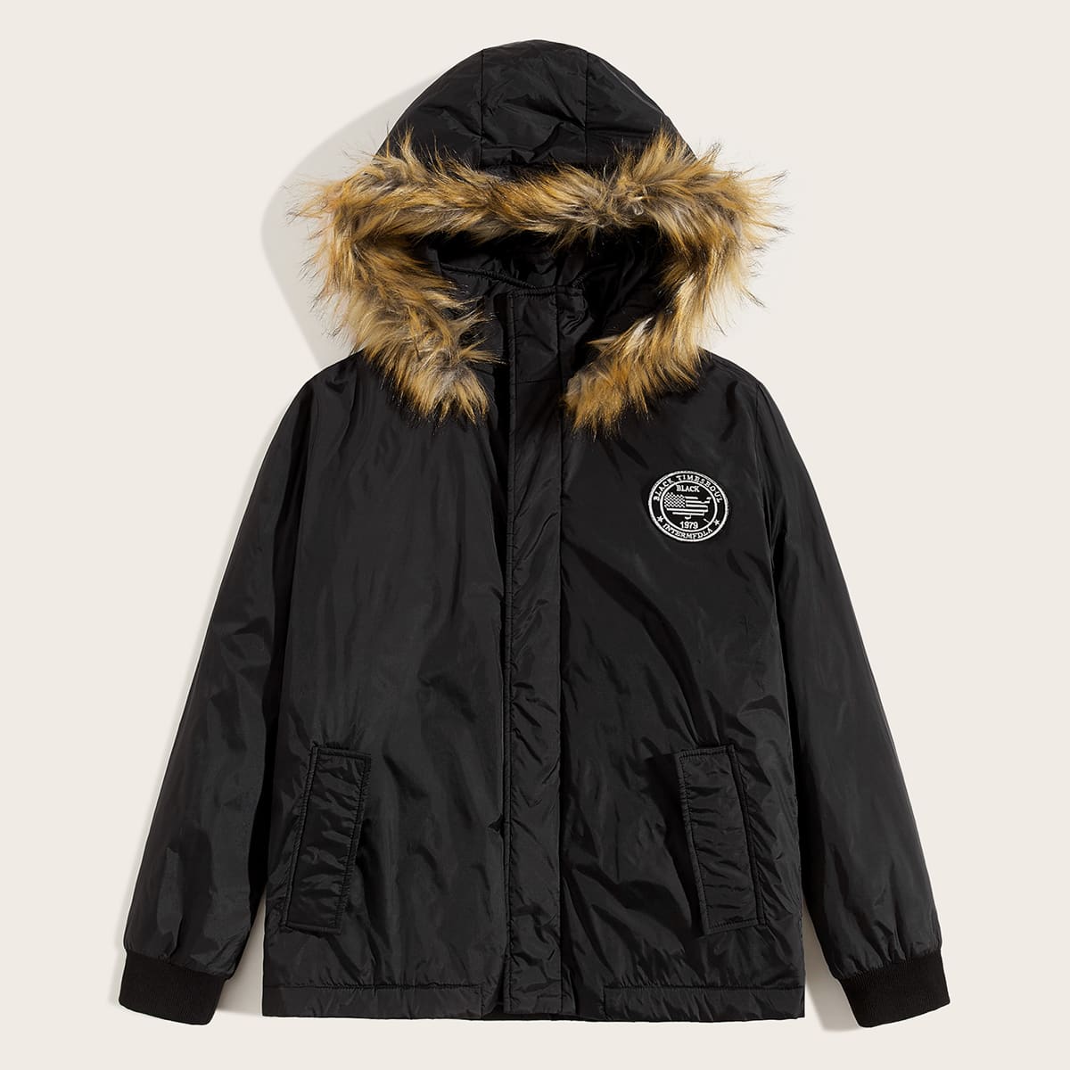 

Guys Patch Detail Faux Fur Trim Padded Hoodie Jacket, Black