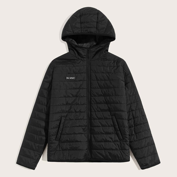 

Men Slogan Patched Padded Jacket, Black