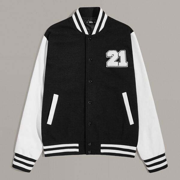 

Men Number Patched Baseball Jacket, Black