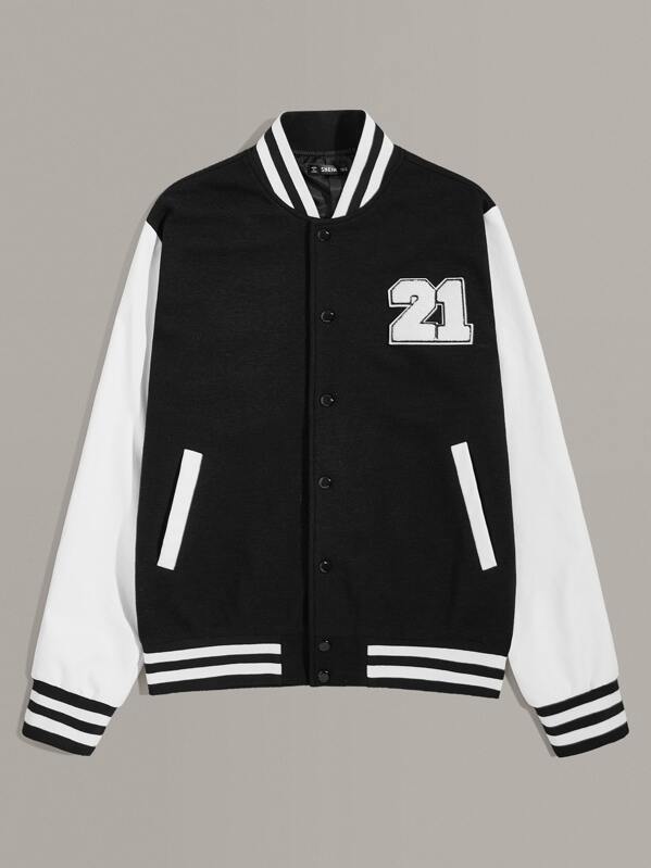 

Men Number Patched Baseball Jacket, Black