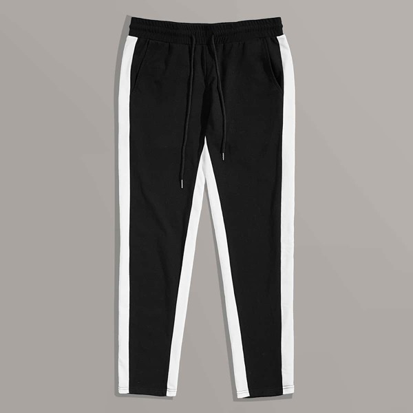 

Men Drawstring Waist Striped Side Pants, Black