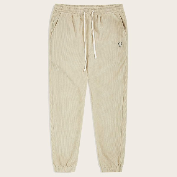 

Men Drawstring Waist Embroidered Cord Pants, Beige pastel