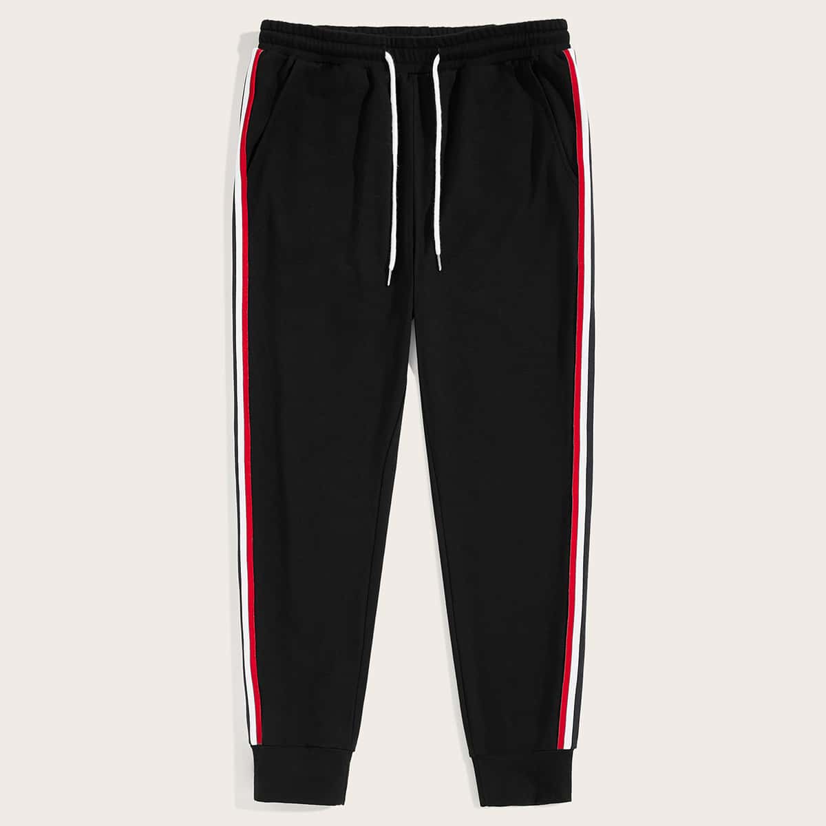 

Guys Striped Tape Side Drawstring Waist Sweatpants, Black