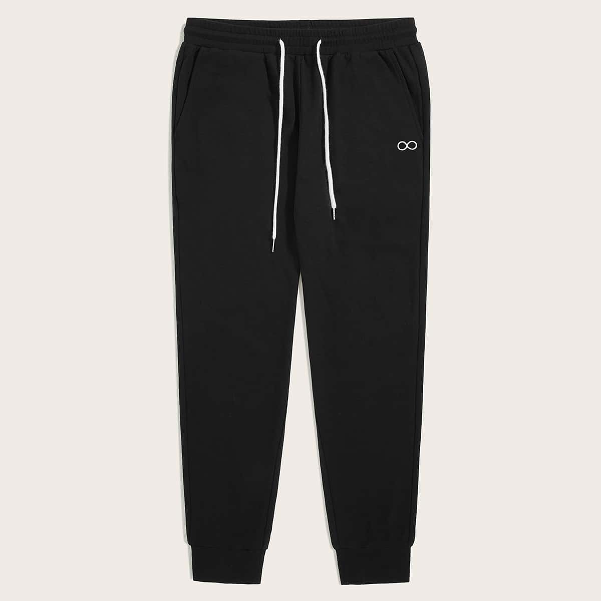 

Guys Drawstring Waist Embroidery Detail Joggers, Black