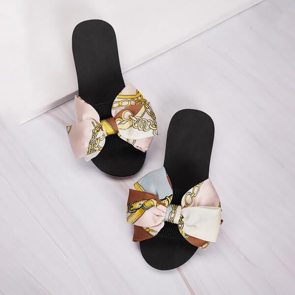 

Chain Print Bow Decor Sliders, Pink