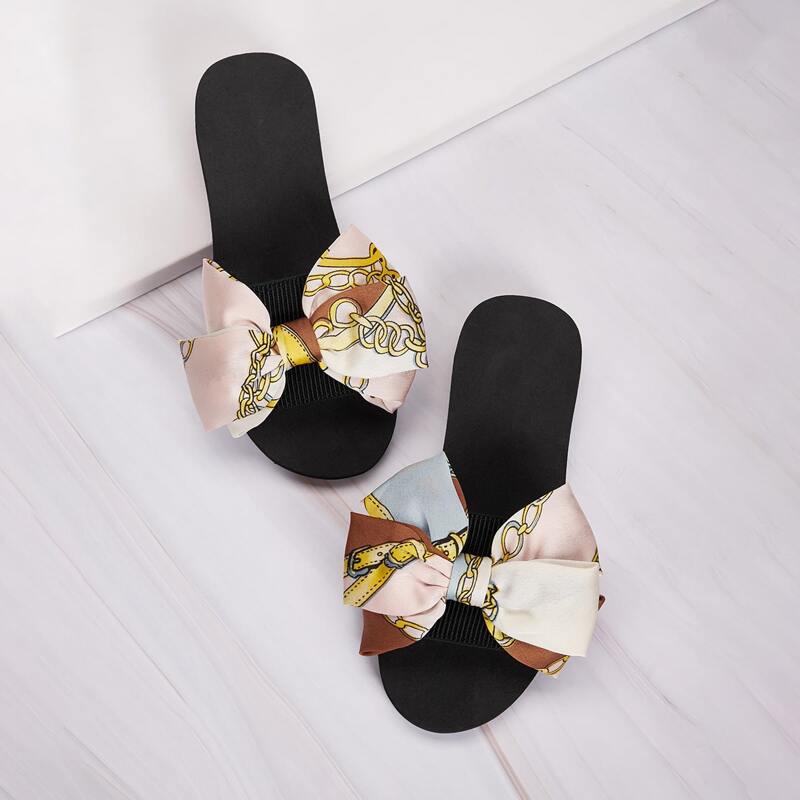 

Chain Print Bow Decor Sliders, Pink