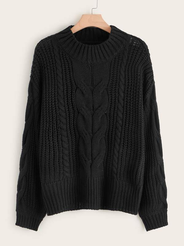 

Plus Cable Knit Drop Shoulder Sweater, Black