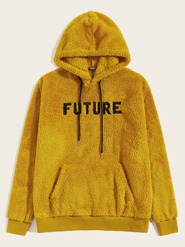 

Men Embroidered Letter Pouch Pocket Teddy Hoodie, Yellow
