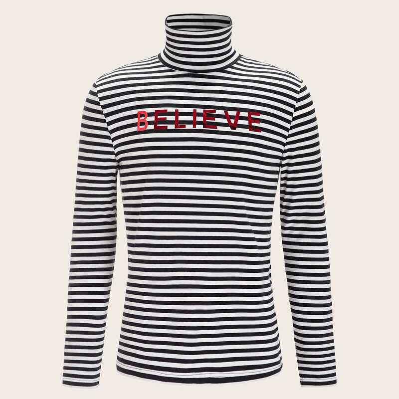 

Guys High Neck Letter Graphic Striped Tee, Black and white