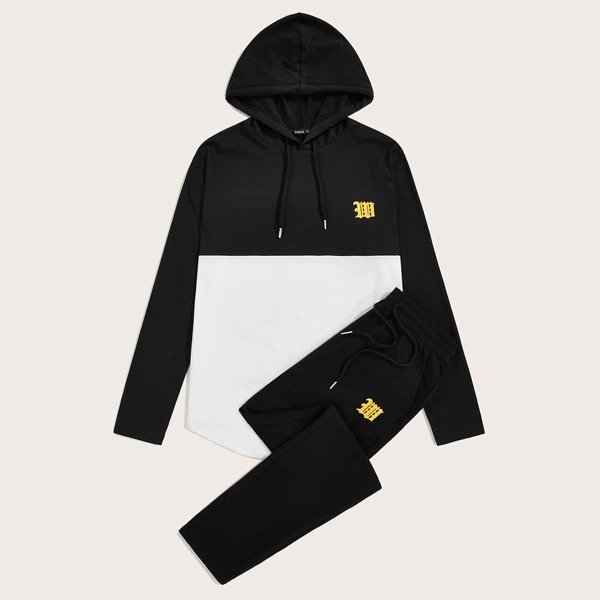 

Men Two Tone Hoodie and Drawstring Waist Joggers Set, Black and white