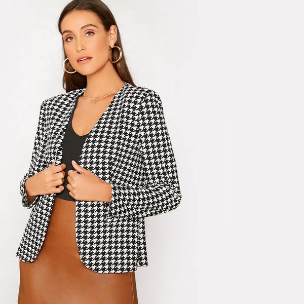 

Houndstooth Print Open Front Blazer, Black and white