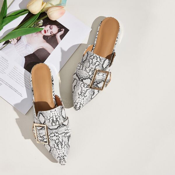 

Buckle Decor Snakeskin Loafers Mules, Multicolor