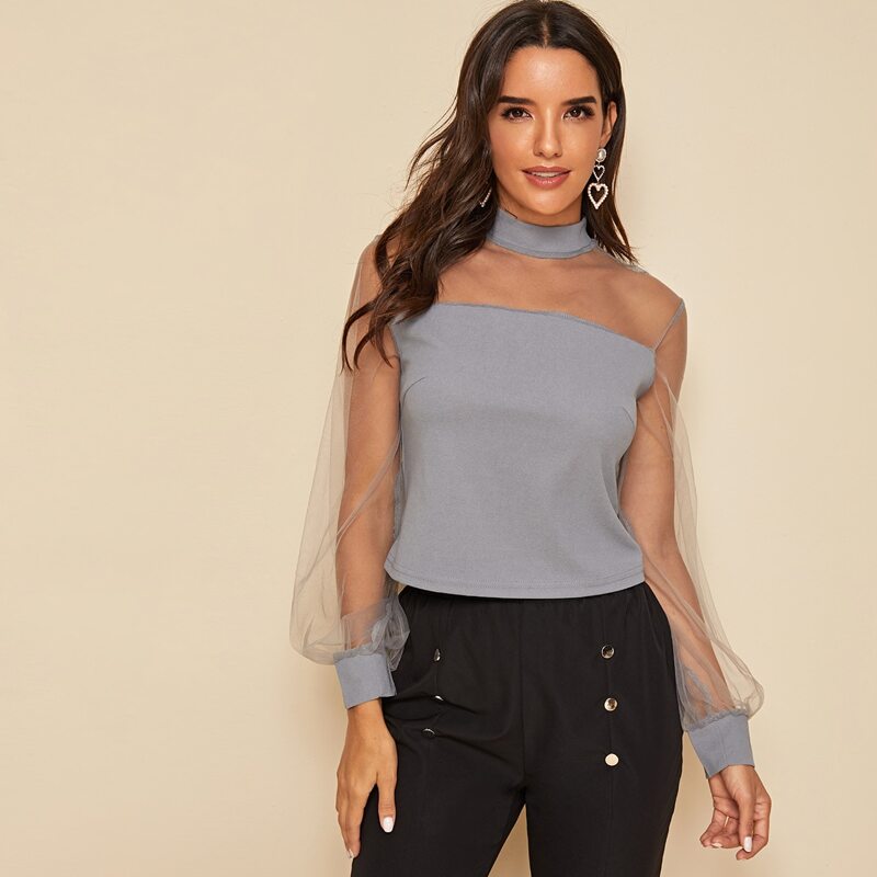 

Sheer Mesh Insert Lantern Sleeve Top, Grey