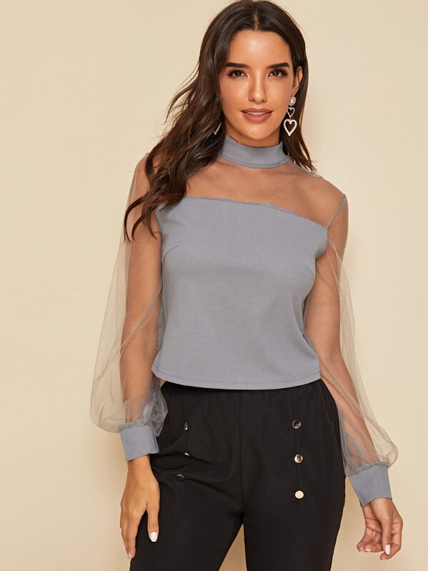 

Sheer Mesh Insert Lantern Sleeve Top, Grey, Juliana