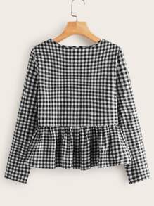 SHEIN Blus Ruffle Hem Kain genggang Hitam dan Putih Lucu - Hitam dan Putih - View 2