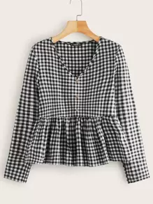 SHEIN Blus Ruffle Hem Kain genggang Hitam dan Putih Lucu - Hitam dan Putih - View 1