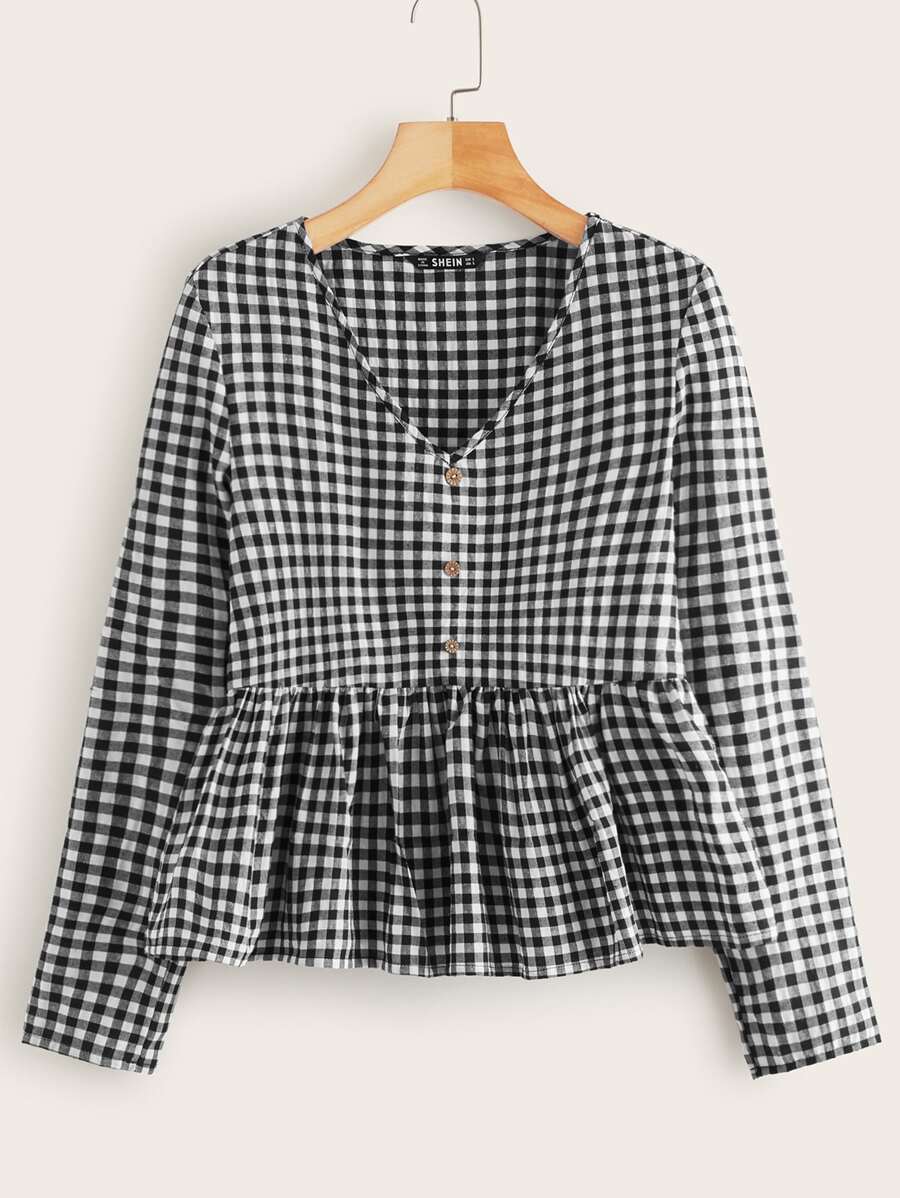 SHEIN Blus Ruffle Hem Kain genggang Hitam dan Putih Lucu - Hitam dan Putih - View 1