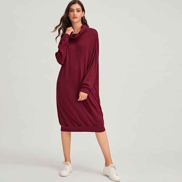 

Funnel Neck Solid Tee Dress, Burgundy