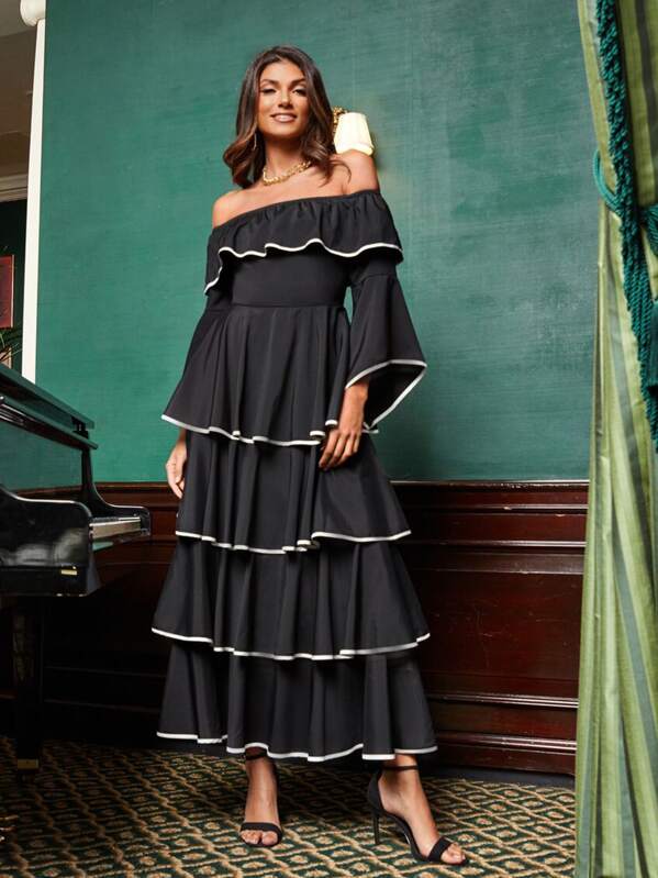 

Flounce Trim Contrast Binding Layered Ruffle Hem Bardot Dress, Black, Fernanda Oliveira
