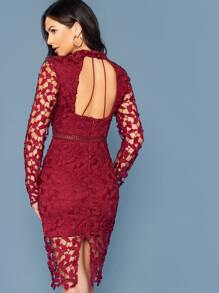 SHEIN 鏤空後開衩下擺緹花蕾絲連衣裙 - 酒紅色 - 查看 2