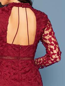 SHEIN 鏤空後開衩下擺緹花蕾絲連衣裙 - 酒紅色 - 查看 4