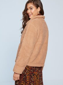 短版牛角扣絨毛外套 - 駝色 - 查看 2