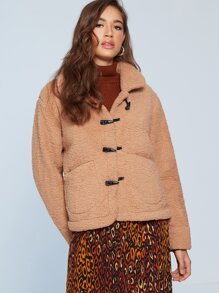 短版牛角扣絨毛外套 - 駝色 - 查看 5