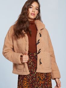 短版牛角扣絨毛外套 - 駝色 - 查看 3