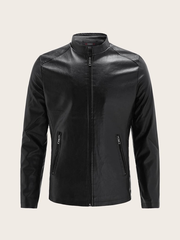 

Men Funnel Neck Zip Up PU Leather Jacket, Black