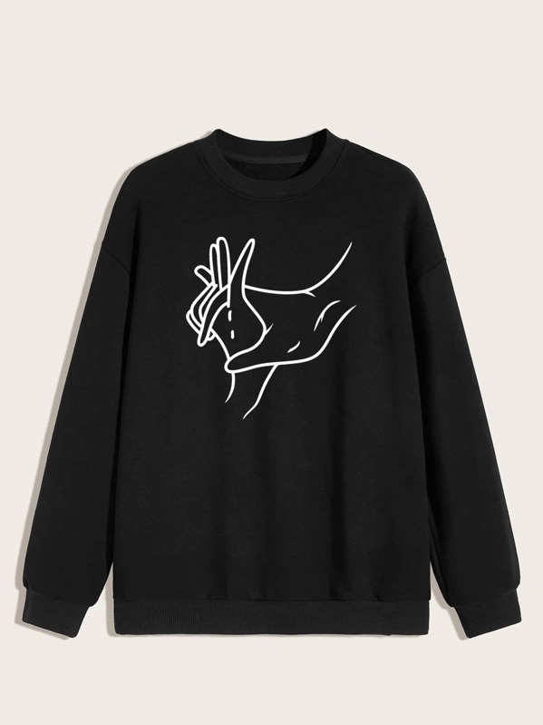 

Men Drop Shoulder Hands Print Sweatshirt, Black