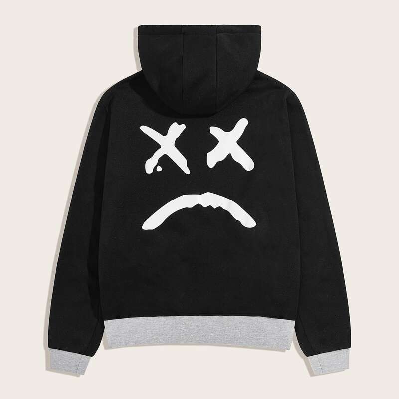 

Guys Graphic Print Drawstring Hoodie, Black