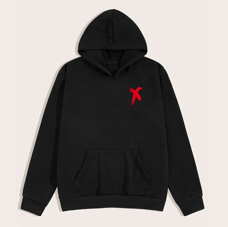 Guys Graphic Print Kangaroo Pocket Hoodie, Black