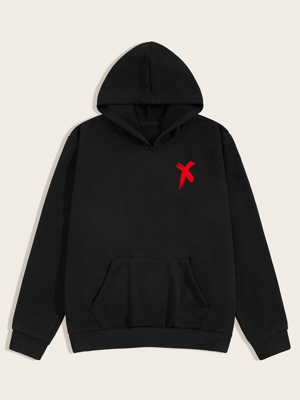 

Men Graphic Print Kangaroo Pocket Hoodie, Black