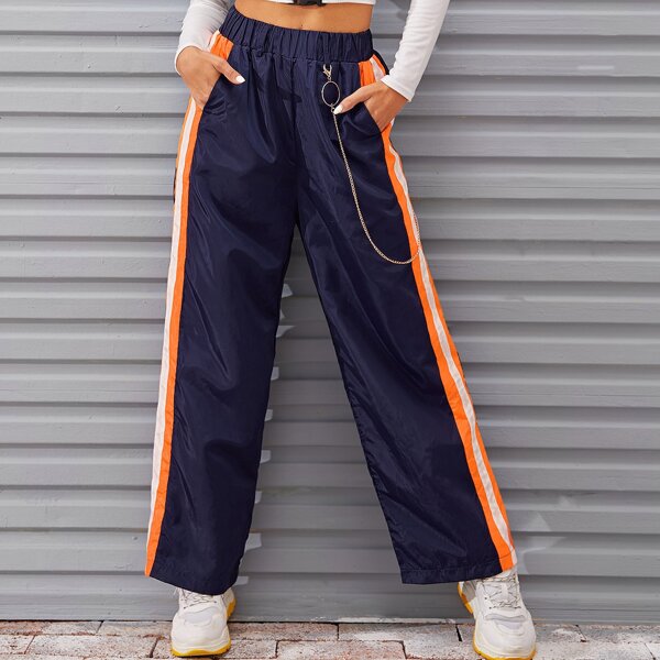 

Contrast Side Chain Decoration Windbreaker Pants, Navy