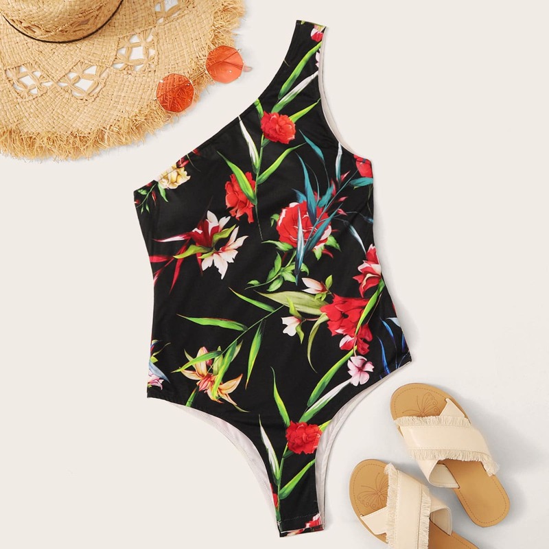 

One Shoulder Floral One Piece Swimwear, Multicolor