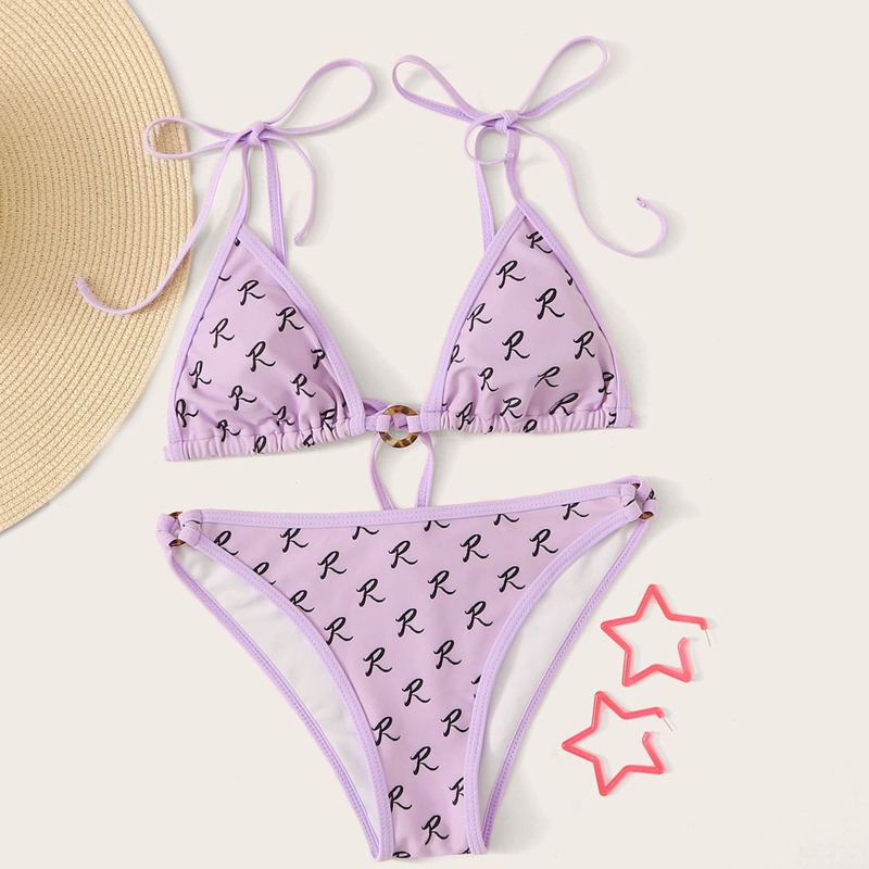 

Tortoiseshell Ring Letter Graphic Triangle Bikini Set, Purple