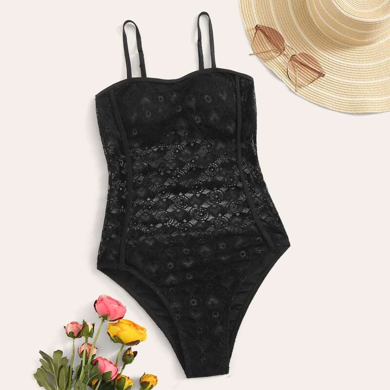 

Sheer Lace One Piece Cami Swimsuit, Black
