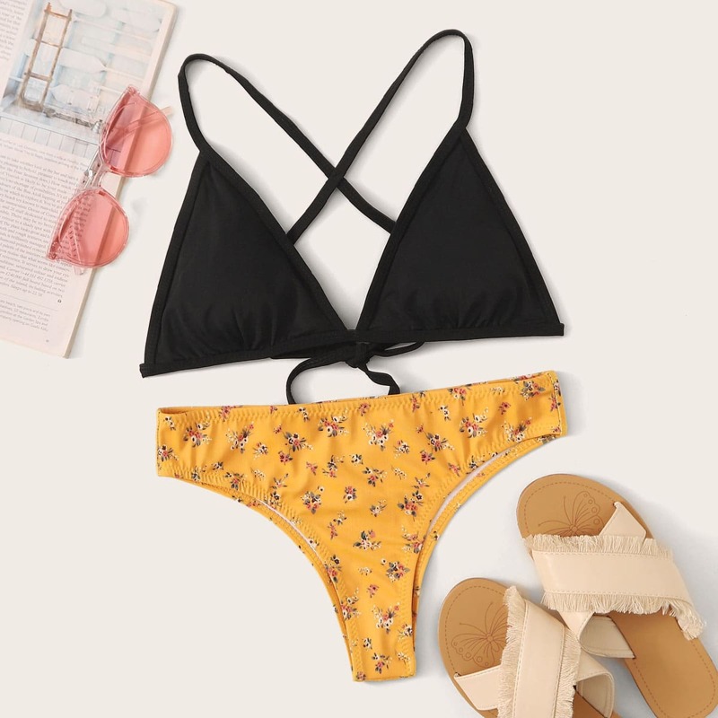 

Crisscross Back Triangle Top With Ditsy Floral Bikini Set, Multicolor