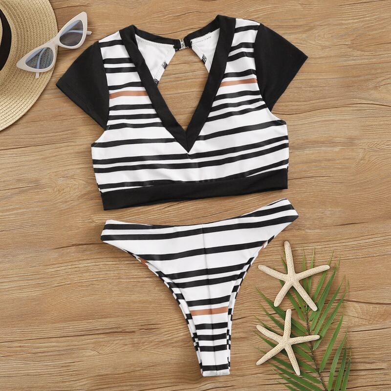 

Striped V Neck Cut-out Bikini Set, Multicolor