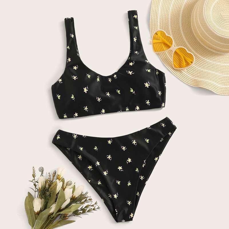 

Ditsy Floral High Cut Bikini Set, Black