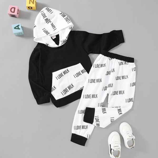

Toddler Boys Contrast Panel Hoodie With Letter Pants, Black and white