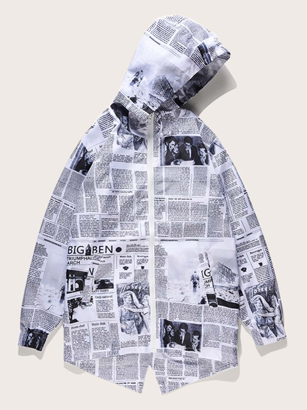 

Men Newspaper Print Zip Up Hooded Jacket, Black and white, Gleb