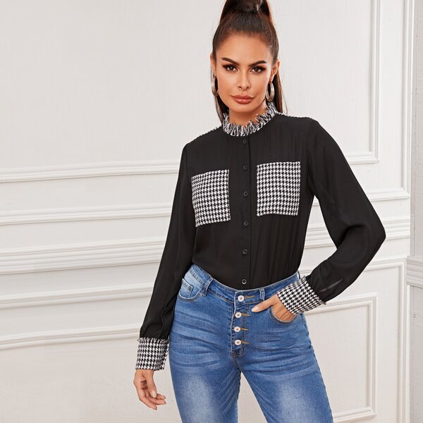 

Contrast Houndstooth Panel Raw Trim Blouse, Black