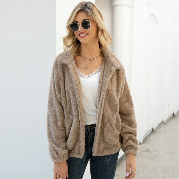 

Slant Pocket Open Front Teddy Jacket, Khaki