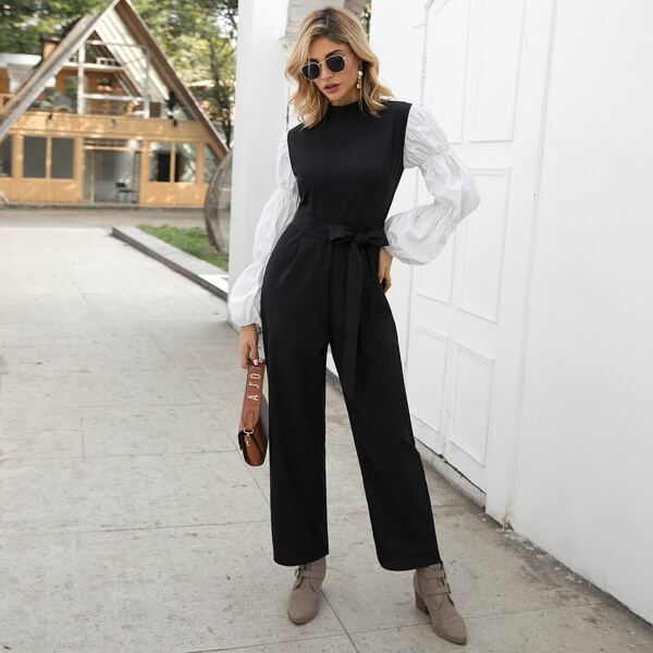 

Contrast Bishop Sleeve Self Tie Jumpsuit, Black and white