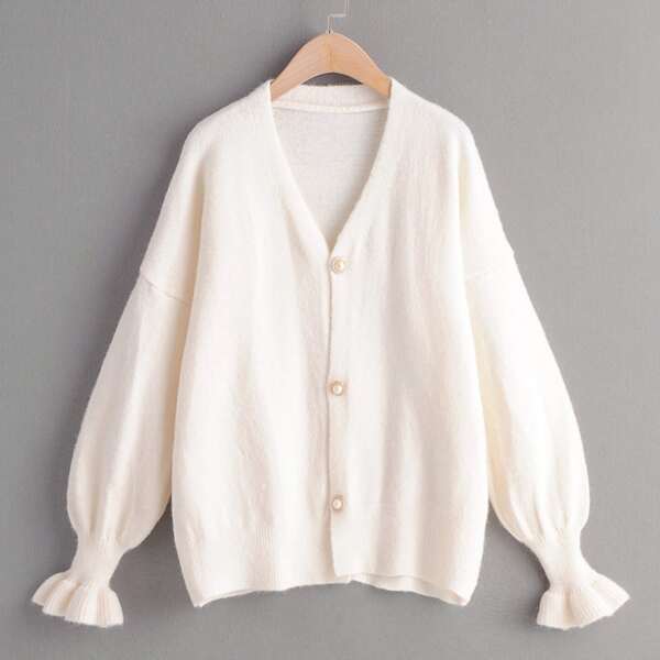

Button Front Flounce Sleeve Drop Shoulder Cardigan, White